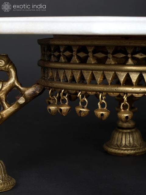 15" Floral Inlaid Designer Marble Pedestal (Chowki) with Brass Base