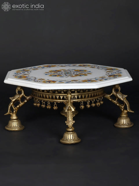 15" Floral Inlaid Designer Marble Pedestal (Chowki) with Brass Base