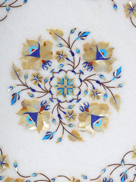 15" Floral Inlaid Designer Marble Pedestal (Chowki) with Brass Base