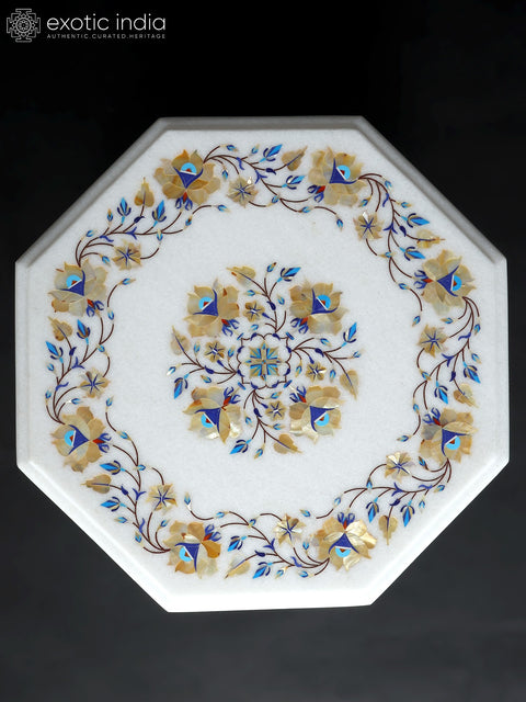 15" Floral Inlaid Designer Marble Pedestal (Chowki) with Brass Base