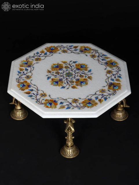 15" Floral Inlaid Designer Marble Pedestal (Chowki) with Brass Base
