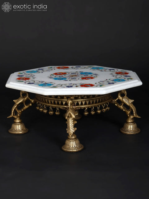 15" Hexagon Shaped Designer Marble Pedestal (Chowki) with Brass Base