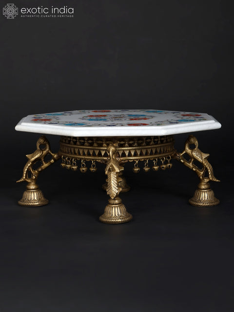 15" Hexagon Shaped Designer Marble Pedestal (Chowki) with Brass Base