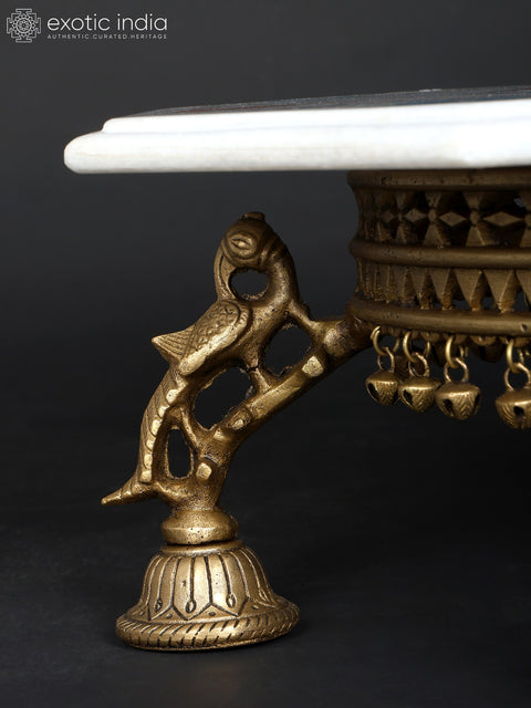 15" Hexagon Shaped Designer Marble Pedestal (Chowki) with Brass Base