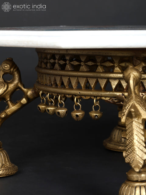 15" Hexagon Shaped Designer Marble Pedestal (Chowki) with Brass Base