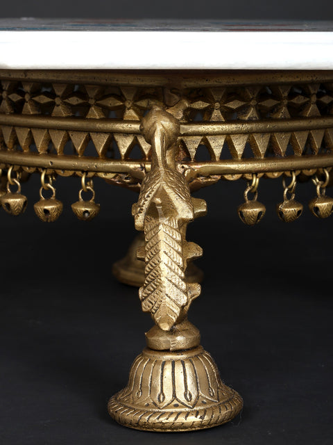 15" Hexagon Shaped Designer Marble Pedestal (Chowki) with Brass Base