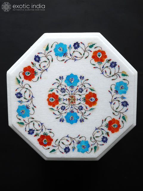 15" Hexagon Shaped Designer Marble Pedestal (Chowki) with Brass Base