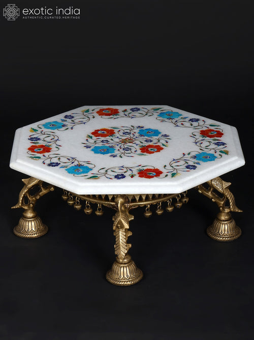 15" Hexagon Marble Pedestal Chowki with Brass Base