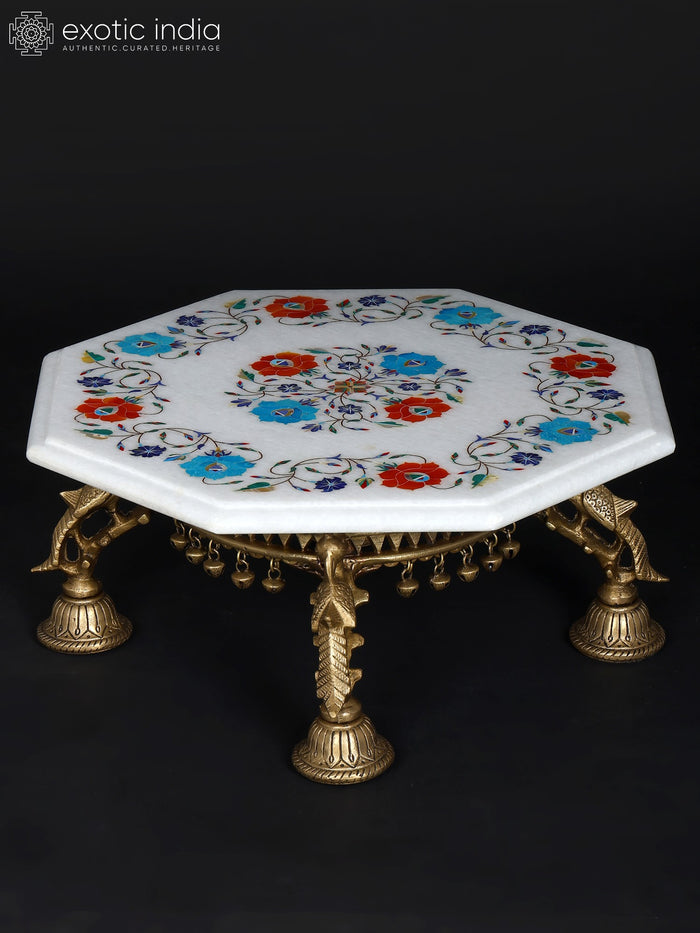 15" Hexagon Marble Pedestal Chowki with Brass Base