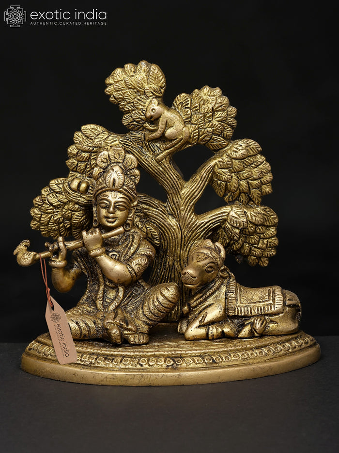 5" Lord Krishna Seated Under Tree with Cow Brass Statue