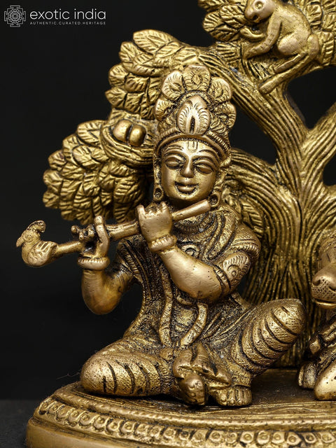 5" Small Lord Krishna Seated Under The Tree with Cow | Brass Statue