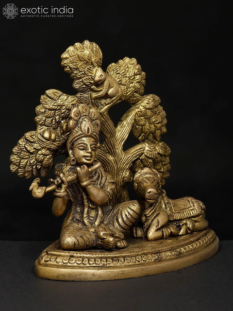 5" Small Lord Krishna Seated Under The Tree with Cow | Brass Statue