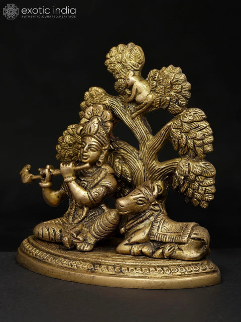 5" Small Lord Krishna Seated Under The Tree with Cow | Brass Statue