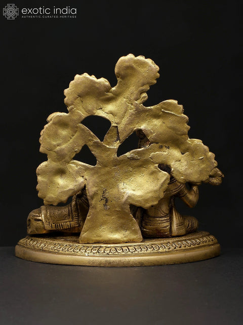 5" Small Lord Krishna Seated Under The Tree with Cow | Brass Statue