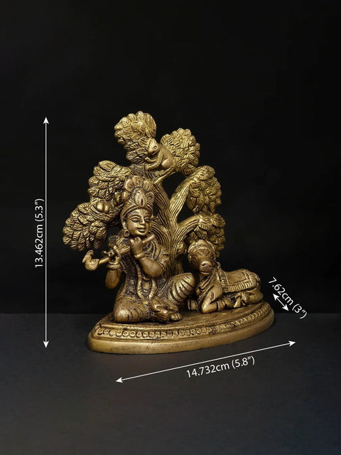 5" Small Lord Krishna Seated Under The Tree with Cow | Brass Statue