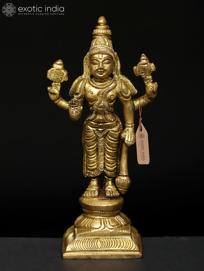 4" Standing Lord Vishnu Brass Statue for Pooja