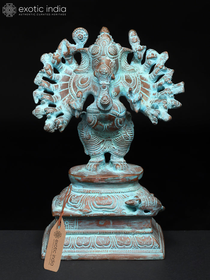 9" Sixteen Armed Vira-Ganesha Brass Handmade Statue