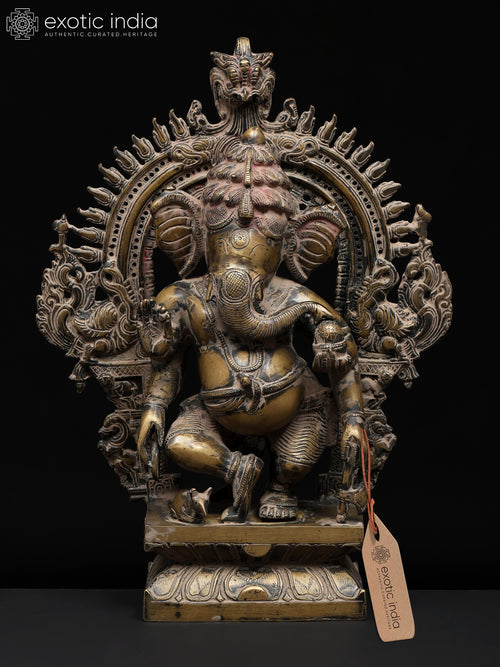 14" Four Armed Dancing Ganesha Brass Statue on Kirtimukha Throne