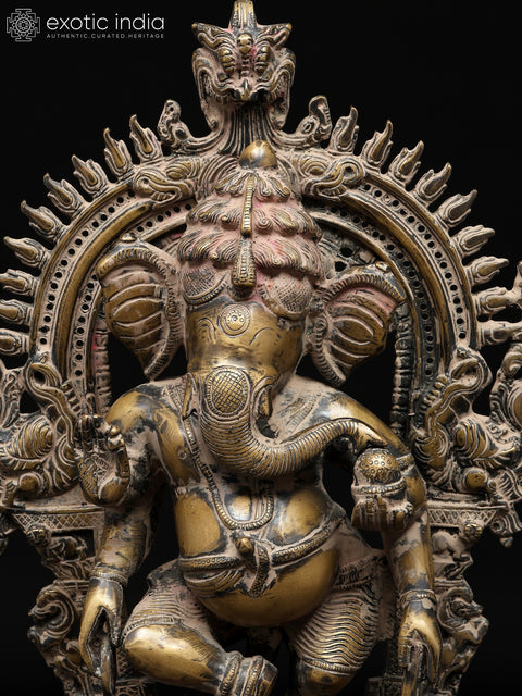 14" Four Armed Dancing Lord Ganesha on Kirtimukha Throne | Brass Statue