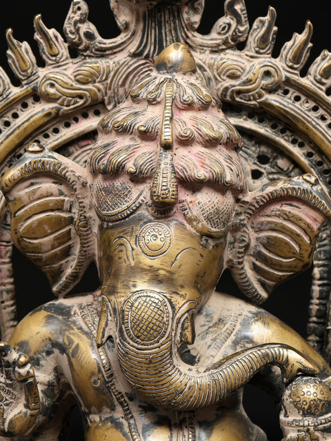 14" Four Armed Dancing Lord Ganesha on Kirtimukha Throne | Brass Statue