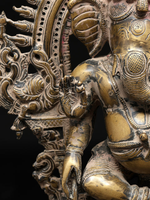 14" Four Armed Dancing Lord Ganesha on Kirtimukha Throne | Brass Statue