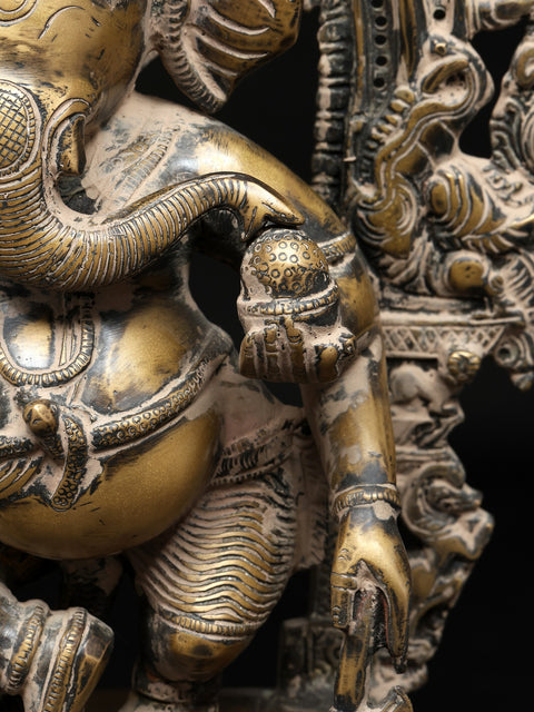 14" Four Armed Dancing Lord Ganesha on Kirtimukha Throne | Brass Statue