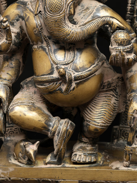 14" Four Armed Dancing Lord Ganesha on Kirtimukha Throne | Brass Statue