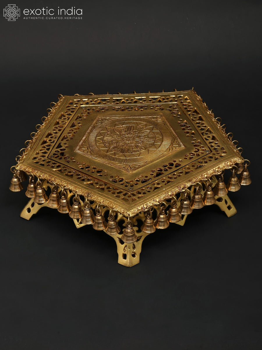 19" Pentagon Brass Chowki Pedestal with Dangling Bells for Pooja