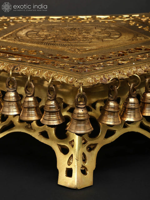 19" Pentagon Shaped Brass Pedestal (Chowki) with Dangling Bells