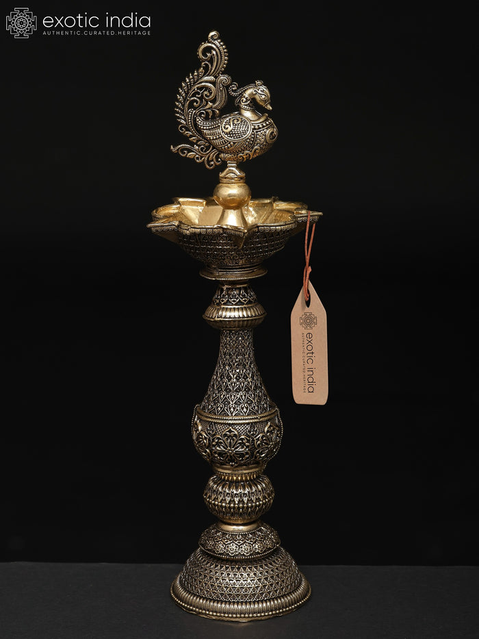 8" Handmade Brass Peacock Multi-Wick Oil Lamp for Pooja