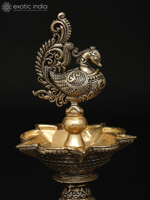 8" Multi Wicks Superfine Peaocock Lamp in Brass | Ritual Item