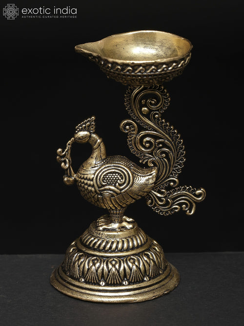 3" Small Brass Superfine Peacock Oil Lamp Statue
