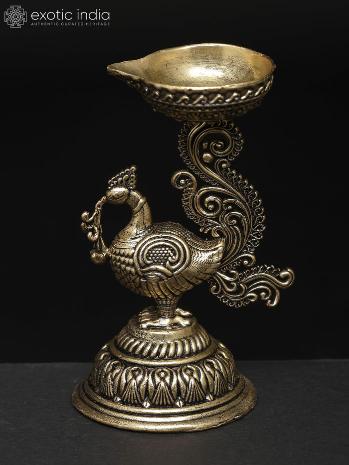 3" Small Brass Superfine Peacock Oil Lamp Statue