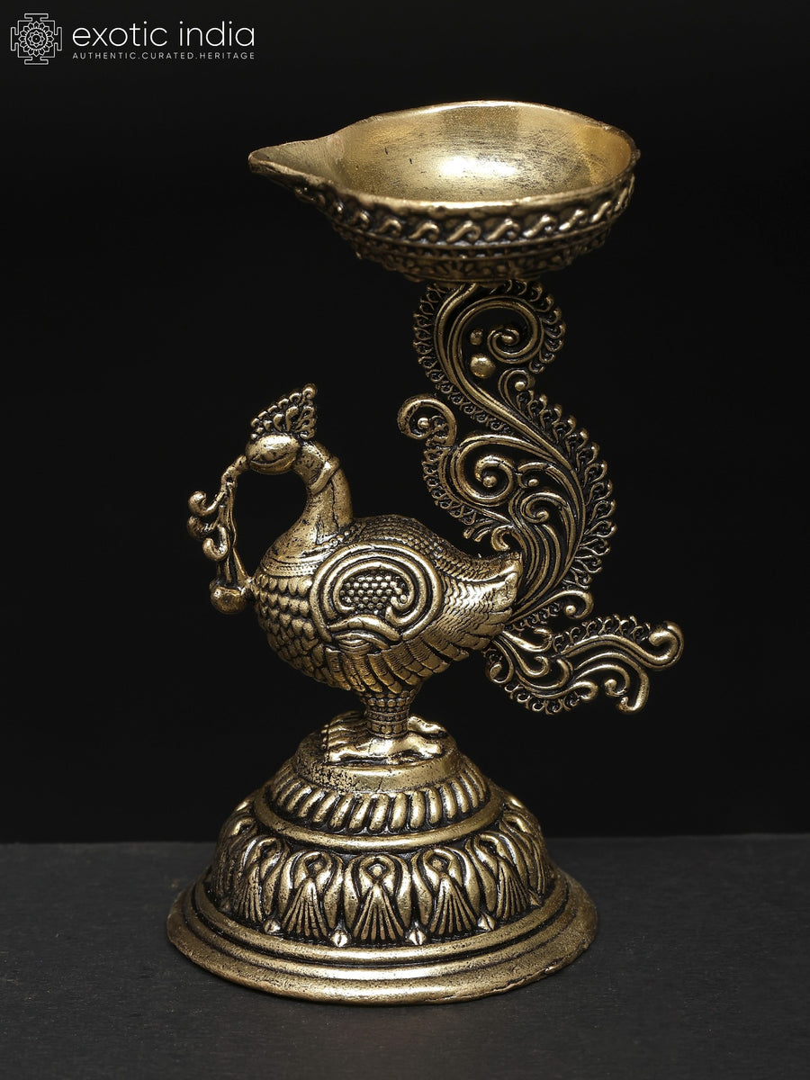 3" Small Brass Superfine Peacock Oil Lamp Statue