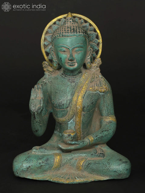 10" Sitting Lord Buddha in Different Mudras - Abhay Mudra, Bhumisparsha Mudra, Dhyan Mudra and Medicine Buddha | Set of Four Brass Statues