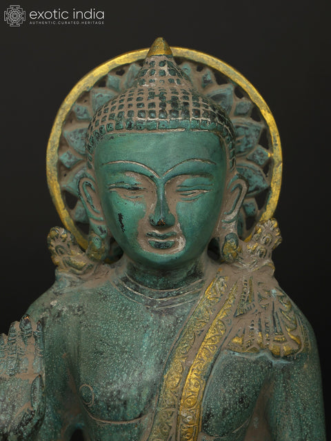10" Sitting Lord Buddha in Different Mudras - Abhay Mudra, Bhumisparsha Mudra, Dhyan Mudra and Medicine Buddha | Set of Four Brass Statues