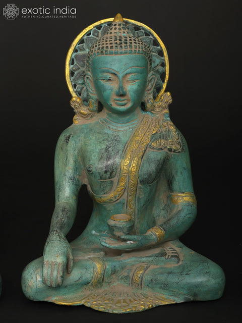 10" Sitting Lord Buddha in Different Mudras - Abhay Mudra, Bhumisparsha Mudra, Dhyan Mudra and Medicine Buddha | Set of Four Brass Statues