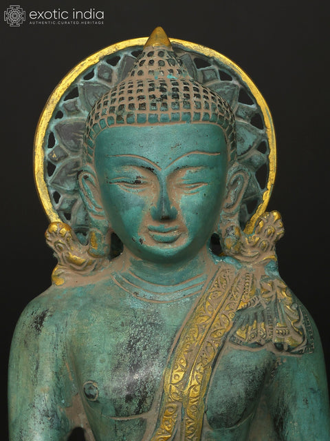 10" Sitting Lord Buddha in Different Mudras - Abhay Mudra, Bhumisparsha Mudra, Dhyan Mudra and Medicine Buddha | Set of Four Brass Statues