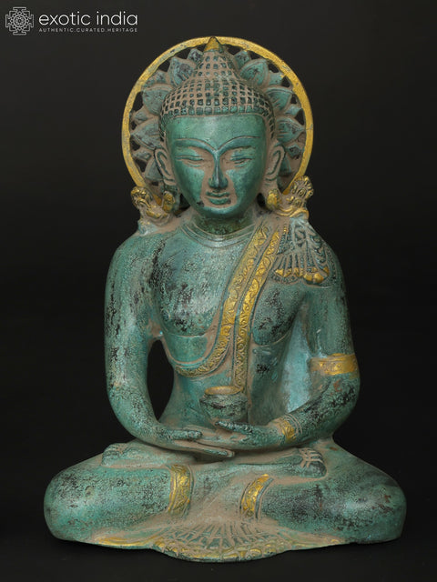 10" Sitting Lord Buddha in Different Mudras - Abhay Mudra, Bhumisparsha Mudra, Dhyan Mudra and Medicine Buddha | Set of Four Brass Statues
