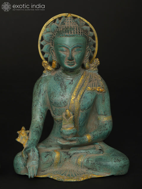 10" Sitting Lord Buddha in Different Mudras - Abhay Mudra, Bhumisparsha Mudra, Dhyan Mudra and Medicine Buddha | Set of Four Brass Statues