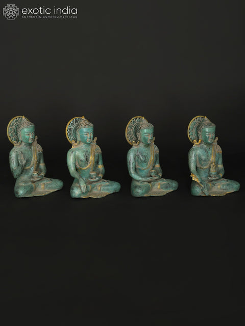 10" Sitting Lord Buddha in Different Mudras - Abhay Mudra, Bhumisparsha Mudra, Dhyan Mudra and Medicine Buddha | Set of Four Brass Statues