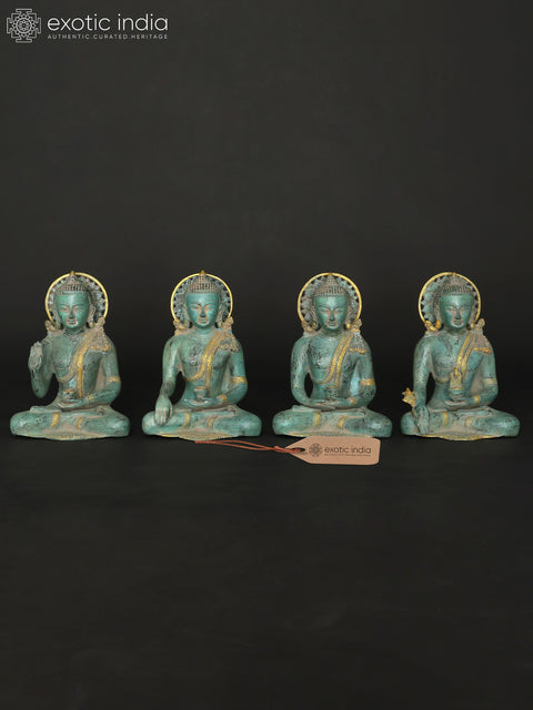 10" Sitting Lord Buddha in Different Mudras - Abhay Mudra, Bhumisparsha Mudra, Dhyan Mudra and Medicine Buddha | Set of Four Brass Statues