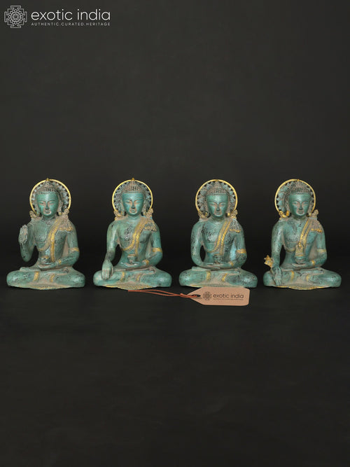10" Sitting Buddha Mudras Brass Statue Set of Four Handmade