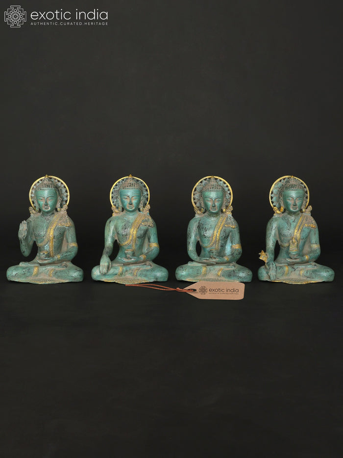 10" Sitting Buddha Mudras Brass Statue Set of Four Handmade
