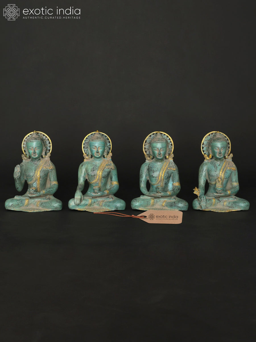 10" Sitting Buddha Mudras Brass Statue Set of Four Handmade