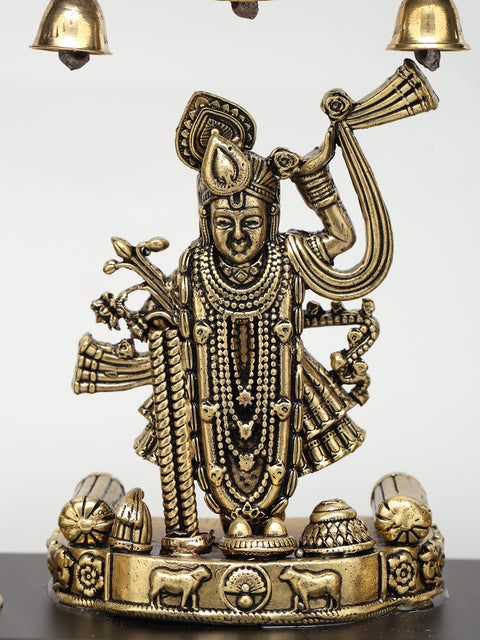 10" Superfine Shrinathji with Peacock Lamps | Wood Framed Brass Sculpture | Wall Hanging