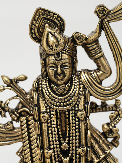 10" Superfine Shrinathji with Peacock Lamps | Wood Framed Brass Sculpture | Wall Hanging