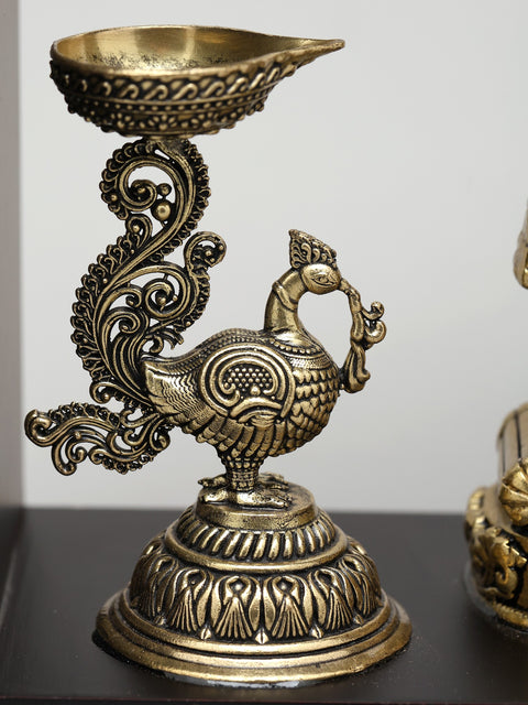 10" Superfine Shrinathji with Peacock Lamps | Wood Framed Brass Sculpture | Wall Hanging