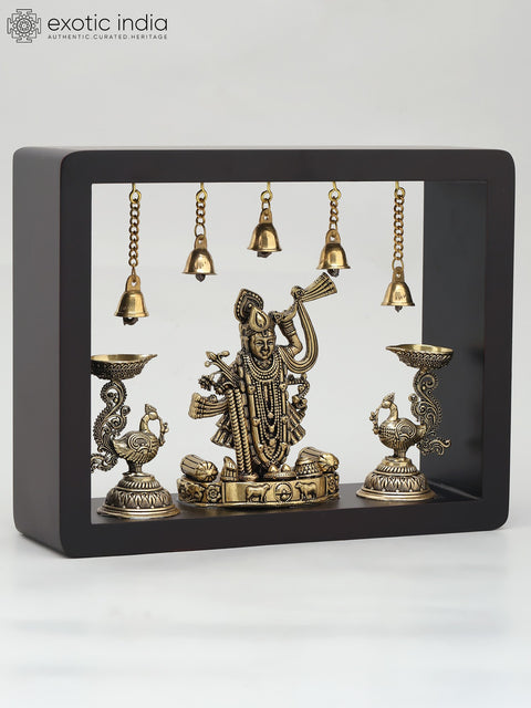 10" Superfine Shrinathji with Peacock Lamps | Wood Framed Brass Sculpture | Wall Hanging