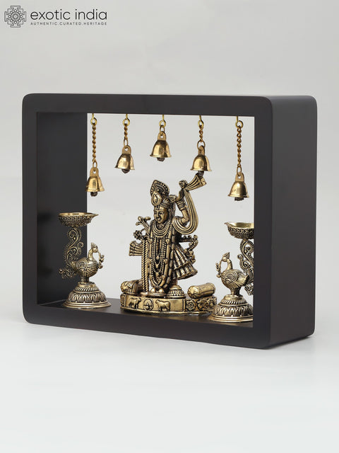 10" Superfine Shrinathji with Peacock Lamps | Wood Framed Brass Sculpture | Wall Hanging